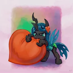 Size: 3000x3000 | Tagged: artist:kp-shadowsquirrel, biting, cute, cutealis, derpibooru import, female, heart, nymph, queen chrysalis, safe, solo, younger
