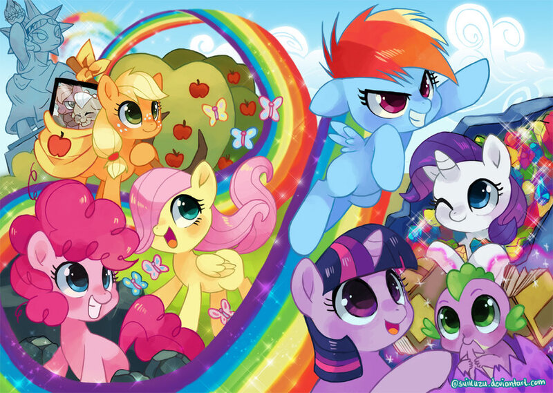 Size: 900x640 | Tagged: dead source, safe, artist:suikuzu, derpibooru import, applejack, big macintosh, fluttershy, granny smith, pinkie pie, rainbow dash, rarity, spike, twilight sparkle, dragon, earth pony, pegasus, pony, unicorn, the cutie mark chronicles, action poster, baby, baby spike, cute, female, filly, filly applejack, filly fluttershy, filly pinkie pie, filly rainbow dash, filly rarity, filly twilight sparkle, male, mane seven, mane six, scene interpretation, sonic rainboom, younger