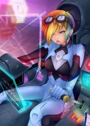 Size: 642x900 | Tagged: alternate hairstyle, artist:animeflux, clothes, crossover, derpibooru import, female, human, humanized, mecha, neon genesis evangelion, open mouth, plugsuit, rainbow dash, safe, solo