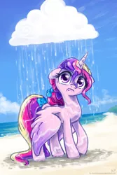 Size: 1000x1500 | Tagged: safe, artist:kp-shadowsquirrel, derpibooru import, princess cadance, alicorn, pony, :c, beach, cloud, floppy ears, frown, looking at you, princess sadance, rain, sad, solo, spread wings, tail bow, wet, wet mane