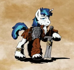 Size: 900x851 | Tagged: artist:sonicpegasus, badass, clothes, derpibooru import, garen, league of legends, safe, shining armor, solo, sword, weapon