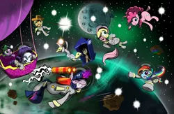 Size: 5000x3269 | Tagged: safe, artist:hereticofdune, derpibooru import, applejack, derpy hooves, doctor whooves, fluttershy, pinkie pie, princess luna, rainbow dash, rarity, time turner, twilight sparkle, unicorn, astrodash, clothes, costume, doctor who, hot air balloon, mane six, moon, net, rock, space, spacesuit, stars, tardis, unicorn twilight