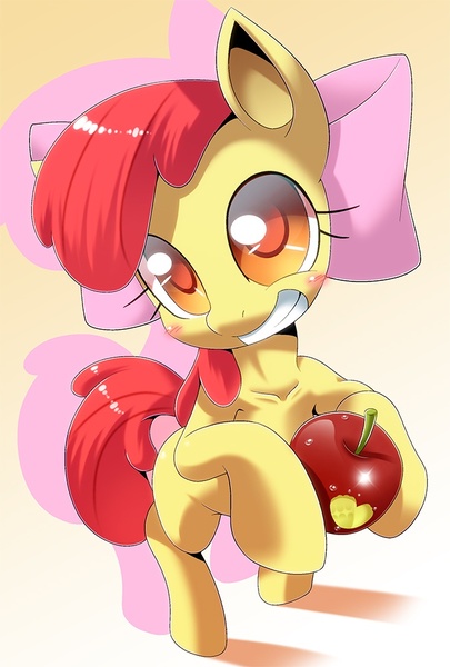 Size: 674x999 | Tagged: dead source, safe, artist:oze, derpibooru import, apple bloom, pony, adorabloom, apple, bipedal, blushing, cute, grin, heart, looking at you, munch, simple background, smiling, solo, teeth mark
