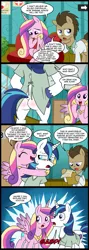 Size: 713x2000 | Tagged: artist:madmax, bipedal, comic, derpibooru import, doctor whooves, hospital, hospital gown, hug, offscreen character, plot, pregnant, princess cadance, queen chrysalis, safe, shining armor, the ass was fat, time turner