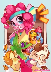 Size: 651x914 | Tagged: dead source, safe, artist:suikuzu, derpibooru import, carrot cake, cup cake, gummy, pinkie pie, pound cake, pumpkin cake, earth pony, pegasus, pony, unicorn, baby cakes, action poster, baby, baby pony, bipedal, female, headband, male, mare, scene interpretation, stallion, workout outfit, wristband