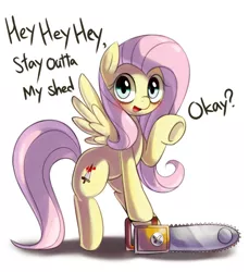 Size: 1687x1845 | Tagged: semi-grimdark, artist:maren, derpibooru import, fluttershy, pony, .mov, shed.mov, chainsaw, cute, fluttershed, grimcute, pixiv, pony.mov, solo, stay out of my shed