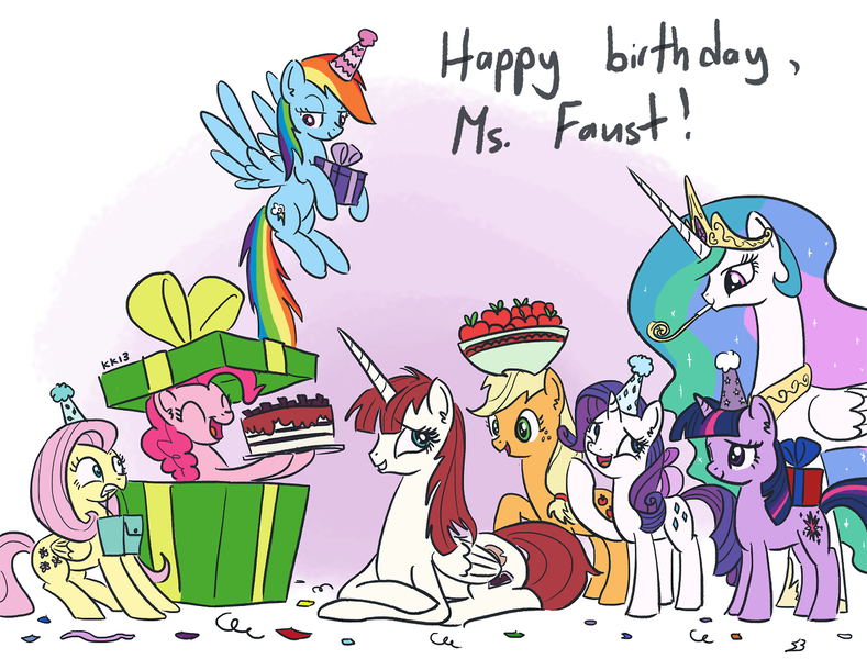 Size: 1280x974 | Tagged: applejack, artist:king-kakapo, birthday, cake, confetti, derpibooru import, fluttershy, happy birthday, happy birthday lauren faust, lauren faust, oc, oc:fausticorn, pinkie pie, princess celestia, prone, rainbow dash, rarity, safe, twilight sparkle