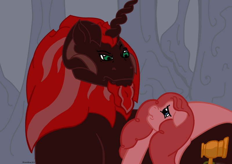 Size: 7016x4961 | Tagged: safe, artist:tricornking, derpibooru import, pinkie pie, oc, oc:king krampus, earth pony, pony, absurd resolution, everfree forest, king krampus, pinkamena diane pie, the lord of aldheim, tired pie, tricorn