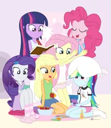 Size: 1380x1590 | Tagged: safe, artist:dm29, derpibooru import, applejack, fluttershy, pinkie pie, rainbow dash, rarity, twilight sparkle, equestria girls, book, clothes, cute, cutie mark underwear, earbuds, frown, mane six, nightgown, nintendo ds, pajamas, panties, pillow, pink underwear, reading, sleepover, slumber party, smiling, tanktop, unamused, underwear