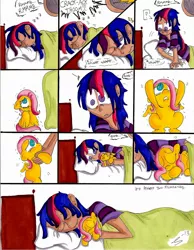 Size: 1700x2189 | Tagged: artist:storypony, bed, comic, crying, cuddling, cute, derpibooru import, filly, fluttershy, hug request, humanized, safe, scared, snuggling, thunderstorm, twilight sparkle