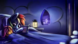 Size: 2000x1125 | Tagged: safe, artist:esuka, derpibooru import, daring do, rainbow dash, scootaloo, pegasus, pony, bed, book, duo, female, filly, foal, lantern, lightning, mare, scootalove, sleeping, thunderstorm, window