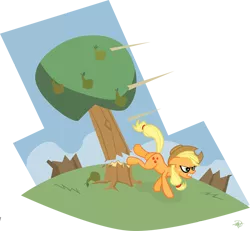 Size: 1385x1280 | Tagged: applejack, artist:mafon, bucking, deforestation, derpibooru import, hilarious in hindsight, pear, safe, solo, that pony sure does hate pears