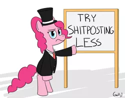 Size: 1608x1262 | Tagged: safe, artist:rapidstrike, derpibooru import, pinkie pie, pony, bipedal, clothes, shitposting, sign, solo, suit, vulgar