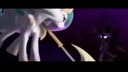 Size: 1024x576 | Tagged: dead source, safe, artist:zedrin, derpibooru import, king sombra, princess celestia, fall of the crystal empire, fight, weapon