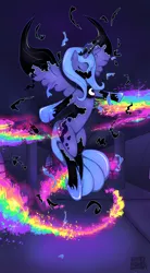 Size: 1600x2909 | Tagged: alicorn, artist:sleepyheadkl, crown, derpibooru import, digital art, elements of harmony, eyes closed, female, floating, hoof shoes, jewelry, magic, mare, nightmare luna, nightmare moon, peytral, princess luna, rainbow, regalia, s1 luna, safe, solo, spread wings, transformation, wings