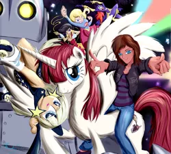 Size: 960x864 | Tagged: alternate version, artist:frist44, batgirl, crossover, derpibooru import, gift art, human, lauren faust, milky way and the galaxy girls, oc, oc:fausticorn, pointing, riding, safe, super best friends forever, supergirl, the iron giant, the powerpuff girls, wonder girl