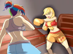Size: 1024x754 | Tagged: applejack, artist:cutelaughter, belly button, blushing, boxing, boxing gloves, boxing ring, clothes, dead source, derpibooru import, fight, humanized, midriff, rainbow dash, safe, sports, sports bra, trunks