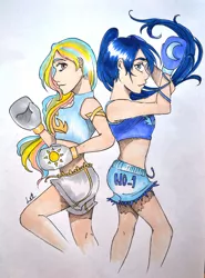 Size: 2876x3897 | Tagged: artist:letwork, boxing gloves, derpibooru import, humanized, midriff, princess celestia, princess luna, safe, traditional art