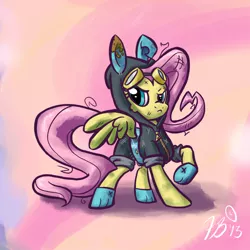 Size: 750x750 | Tagged: safe, artist:flavinbagel, derpibooru import, fluttershy, pegasus, pony, bunny ears, clothes, dangerous mission outfit, female, goggles, hoodie, mare, solo