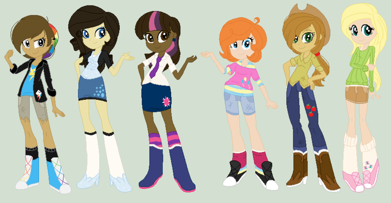 Size: 882x458 | Tagged: safe, artist:cookiejelly, derpibooru import, applejack, fluttershy, pinkie pie, rainbow dash, rarity, twilight sparkle, equestria girls, alternate hairstyle, blonde, brunette, dark hair, dark skin, diversity, eqg promo pose set, fair skin, ginger, human coloration, light skin, mane six, natural hair color, realism edits, redesign