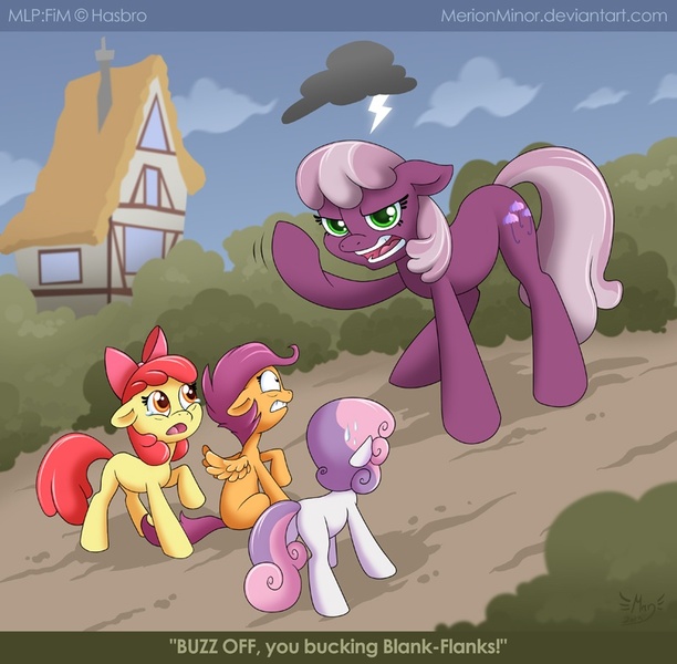 Size: 800x784 | Tagged: safe, artist:merionminor, derpibooru import, apple bloom, cheerilee, scootaloo, sweetie belle, earth pony, pegasus, pony, unicorn, clenched fist, crying, cutie mark crusaders, female, filly, house, lightning, mare, out of character, personal stormcloud, shrunken pupils, sweat, sweatdrop