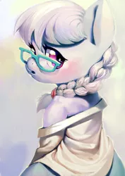 Size: 900x1273 | Tagged: anthro, artist:aruurara, clothes, cute, derpibooru import, glasses, looking back, off shoulder, open clothes, safe, shirt, silverbetes, silver spoon, solo