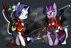 Size: 900x600 | Tagged: artist:vulcanhedgehog, blazblue, crossover, derpibooru import, litchi faye ling, ragna the bloodedge, rarity, safe, twilight sparkle