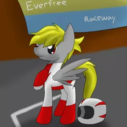 Size: 2600x2600 | Tagged: safe, artist:flashiest lightning, derpibooru import, oc, unofficial characters only, pegasus, pony, clothes, helmet, race track, racer, solo, suit