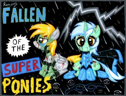 Size: 1407x1069 | Tagged: semi-grimdark, artist:rammzblood, derpibooru import, derpy hooves, lyra heartstrings, pegasus, pony, all superheroes must die, female, kick-ass, mare