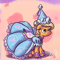 Size: 750x750 | Tagged: applejack, artist:flavinbagel, clothes, derpibooru import, dress, froufrou glittery lacy outfit, hennin, look before you sleep, safe, solo