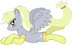 Size: 5687x3578 | Tagged: suggestive, artist:zuko42, derpibooru import, derpy hooves, pegasus, pony, alternate hairstyle, blushing, clothes, female, lip bite, mare, ponytail, simple background, socks, solo, transparent background