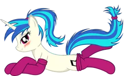 Size: 5942x3585 | Tagged: alternate hairstyle, artist:zuko42, blushing, clothes, derpibooru import, lip bite, ponytail, simple background, socks, solo, suggestive, transparent background, vinyl scratch