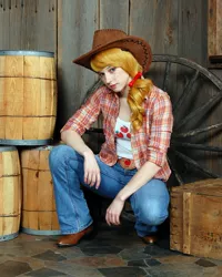 Size: 720x900 | Tagged: safe, artist:artemismooncosplay, artist:atemismooncosplay, derpibooru import, applejack, human, barrel, clothes, cosplay, costume, cowboy hat, hat, image, irl, irl human, jpeg, photo, solo