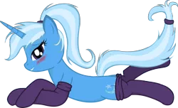 Size: 5523x3365 | Tagged: suggestive, artist:zuko42, derpibooru import, trixie, pony, unicorn, absurd resolution, alternate hairstyle, blushing, clothes, female, lip bite, mare, ponytail, simple background, socks, solo, transparent background