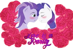 Size: 1024x690 | Tagged: safe, artist:alexutzu4000, derpibooru import, rarity, oc, oc:kydose, pegasus, pony, unicorn, blushing, canon x oc, love, nose rub, rose, shipping