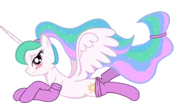 Size: 7245x4240 | Tagged: absurd resolution, alternate hairstyle, artist:zuko42, blushing, clothes, derpibooru import, lip bite, ponytail, princess celestia, simple background, socks, solo, suggestive, transparent background