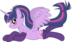 Size: 6032x3542 | Tagged: suggestive, artist:zuko42, derpibooru import, twilight sparkle, twilight sparkle (alicorn), alicorn, pony, alternate hairstyle, blushing, clothes, female, lip bite, mare, ponytail, simple background, socks, solo, transparent background