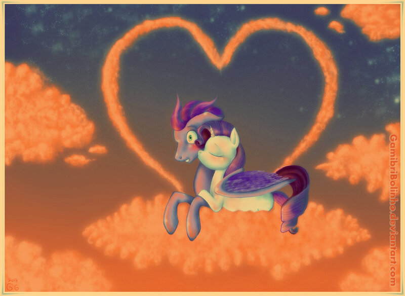 Size: 1024x747 | Tagged: safe, artist:gamibrii, derpibooru import, rarity, oc, oc:kydose, pegasus, pony, unicorn, canon x oc, cloud, cloudy, heart, kissing, love, raridose, romantic, shipping, sunset