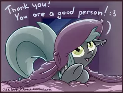 Size: 1600x1200 | Tagged: safe, artist:az-pekt, derpibooru import, oc, oc:grey mouse, unofficial characters only, bat pony, pony, ask grey mouse, :3, bed, female, mare, solo, talking to viewer, underhoof