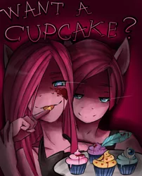 Size: 804x994 | Tagged: grimdark, artist:chiakitasso, derpibooru import, pinkie pie, anthro, fanfic:cupcakes, apron, bubble berry, bubblepie, bubblini davinci berry, clothes, cupcake, eye, female, licking, male, pinkamena diane pie, rule 63, self ponidox, selfcest, shipping, straight, tongue out