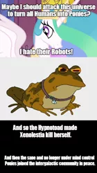 Size: 1204x2152 | Tagged: all glory to the hypnotoad, derpibooru import, futurama, human, humanity fuck yeah, hypnotoad, image macro, princess celestia, semi-grimdark, wrong universe, xenolestia