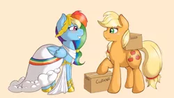 Size: 3238x1828 | Tagged: safe, artist:ratofdrawn, derpibooru import, applejack, rainbow dash, earth pony, pony, unicorn, comic:wedding thank you, appledash, clothes, dress, female, image, lesbian, png, shipping