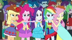 Size: 1280x720 | Tagged: safe, derpibooru import, screencap, applejack, blueberry cake, bright idea, captain planet, crimson napalm, curly winds, fluttershy, indigo wreath, microchips, normal norman, pinkie pie, rainbow dash, rarity, sandalwood, scott green, scribble dee, some blue guy, starlight, teddy t. touchdown, thunderbass, valhallen, watermelody, wiz kid, equestria girls, equestria girls (movie), background human, balloon, bare shoulders, boots, bracelet, clothes, fall formal, fall formal outfits, female, hat, high heel boots, humane five, jewelry, male, shoes, sleeveless, sneakers, strapless, top hat