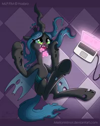 Size: 750x947 | Tagged: artist:merionminor, chaberki, changeling, computer, cute, cutealis, derpibooru import, laptop computer, love overload, queen chrysalis, safe, solo