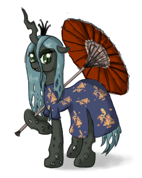 Size: 640x800 | Tagged: artist:239asd, chinese text, clothes, derpibooru import, dress, queen chrysalis, safe, solo, umbrella