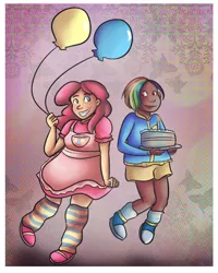 Size: 798x1000 | Tagged: artist:friggingodess, balloon, cake, dark skin, derpibooru import, humanized, pinkie pie, rainbow dash, safe, undercut, why meph why