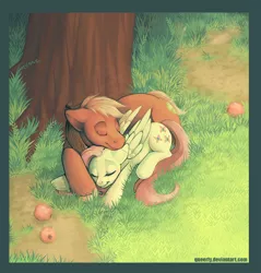 Size: 800x837 | Tagged: safe, artist:queerly, derpibooru import, big macintosh, fluttershy, earth pony, pony, apple, cuddling, fluttermac, male, shipping, sleeping, snuggling, stallion, straight, tree