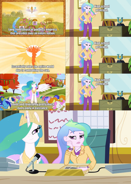 Size: 1280x1800 | Tagged: safe, derpibooru import, edit, edited screencap, screencap, princess celestia, equestria girls, equestria girls (movie), fall weather friends, friendship is magic, the cutie mark chronicles, celestia's office, comparison, cutie mark accessory, principal celestia, self ponidox