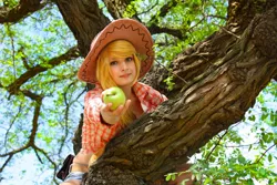 Size: 1000x667 | Tagged: apple, applejack, artist:evil--cupcake, cosplay, derpibooru import, human, irl, irl human, obligatory apple, photo, safe, solo, tree