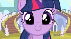 Size: 634x347 | Tagged: cute, derpibooru import, faic, failure success song, hub logo, looking at you, safe, screencap, solo, the crystal empire, the success song, twiabetes, twilight sparkle